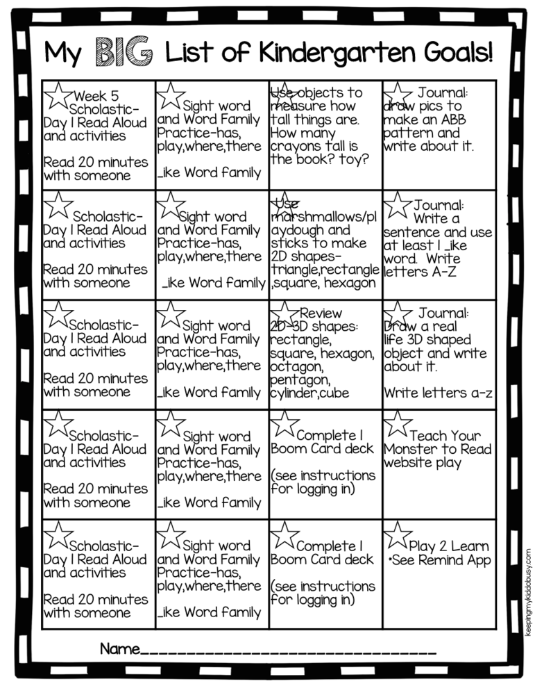 Week 5 Goal List